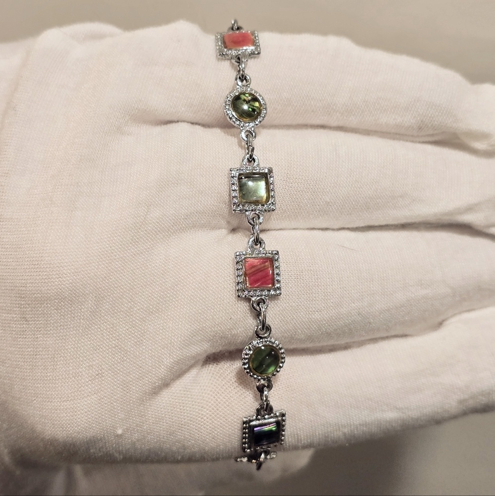 7" Vintage Multi Colored Square Faux Gemstone Silver Plated Fashion Bracelet